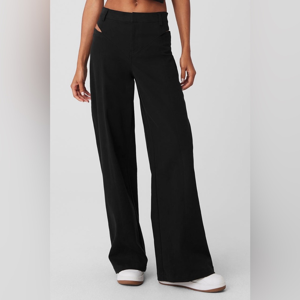 NWOT Alo High Waist Risk Taker Trouser sz Small Black Wide Leg Pants Hip Cutouts